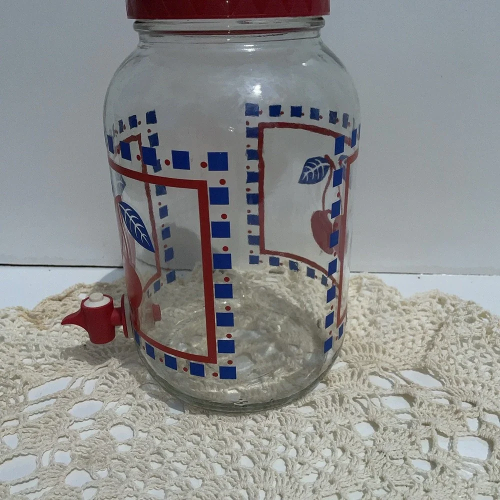 Vintage MCM Sun Tea Glass Beverage Dispenser Jar 1 Gal. Cherries Anchor Hocking